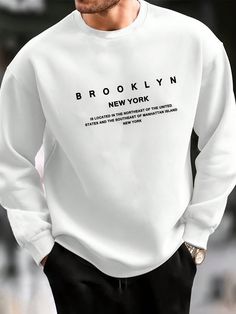 White Casual Collar Long Sleeve Knitted Fabric Slogan  Embellished Slight Stretch  Men Clothing Sweatshirt Designs Ideas, Sweatshirt Outfit Men, Blue Suit Men, Men Sweatshirts, Trendy Shirt Designs, Tshirt Printing Design, Men Fashion Casual Shirts, Stylish Hoodies, Men Stylish Dress