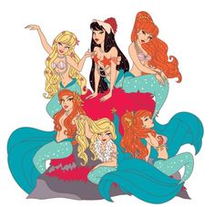 four mermaids sitting on top of each other with their hands in the air and one holding