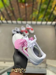 Custom Pink Bandana Air Force 1s. - Kiaun's Customs Pink Bandana, Air Force 1s, Nike Fashion Shoes, Red Bandana, Girly Shoes, Metal Lace, Nike Fashion, Custom Shoes, Lilo And Stitch