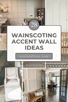 several photos with the words wallscoing accent wall ideas in white and grey colors