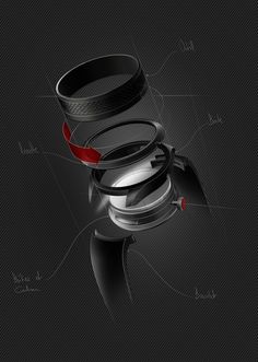 an abstract black and white photo with red details on the bottom half of it, including two rings