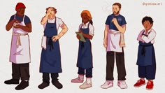 three men in aprons standing next to each other with their hands on their faces