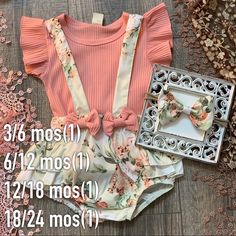 Beautiful Baby Girl's 3pc Outfit Features Peach Ribbed Ruffle Shoulder Top, Matching Floral Suspender Romper With Ruffles On Backside. Includes Matching Headband. Cute Fitted Brown Sets, Black And Camo Outfit, Tutu Shirt, Ruffle Shoulder Top, Cinch Jeans, Blue Tracksuit, Boutique Baby, Camo Outfits