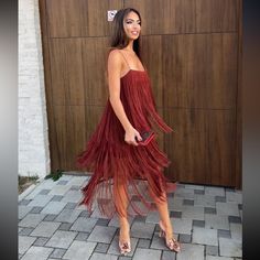 So Beuatiful!! What A Stunning Dress!!! Ships Same Day Fringe Spaghetti Strap Evening Dress, Evening Dress With Fringe And Spaghetti Straps, Spaghetti Strap Evening Dress With Fringe, Elegant Fringe Dress For Date Night, Sleeveless Fringe Midi Dress For Cocktail, Red Fringed Party Dresses, Red Fringe Party Dress, Red Fringe Dress For Party, Elegant Red Dress With Fringe