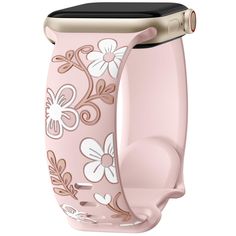 the pink flowered apple watch band is attached to an apple watchband with gold hardware