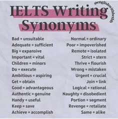 the words ielts writing syonyns are written in pink and black on a piece of paper