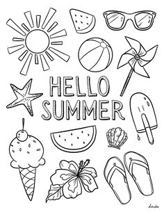 the words hello summer are drawn in black and white with sun, ice cream, watermel