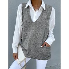 Shop rougelips's closet or find the perfect look from millions of stylists. Fast shipping and buyer protection. Marled Knit Oversized Sweater Vest Grey V-Neck Front Pockets Blouse Not Included. Vest Only Stretchy 100% Polyester Shop our boutique for styles/events: boho gypsy hippie beachy birthday gift resort bohemian girly trendy minimalist y2k college 90s 00s 70s vintage wedding guest engagement party bachelorette vacation cruise travel western aesthetic vibe retro christmas thanksgiving h Chic V-neck Sweater With Pockets, Fall V-neck Sweater With Pockets, Oversized V-neck Sweater Vest, Cozy V-neck Sweater Vest For Fall, V-neck Knitted Workwear Tops, Oversized Knitted Sweater Vest, Knitted V-neck Sweater For Work, V-neck Sweater With Pockets For Work, Gray Sweater Vest For Fall