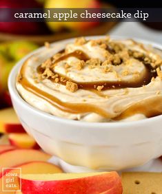 caramel apple cheesecake dip in a white bowl