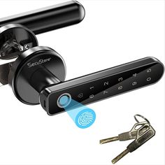 an electronic door lock with keys and keychain attached to the lockshield