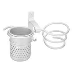 a white strainer with the lid open on a white background, next to an extension cord