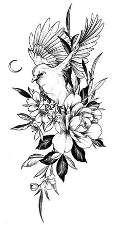 a black and white drawing of a bird on flowers