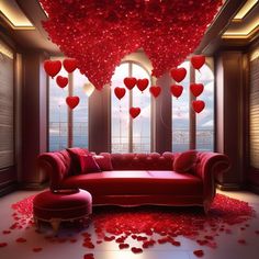 a living room filled with lots of red hearts