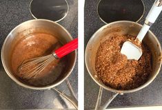 two pictures side by side showing the same batter being whisked in a pan