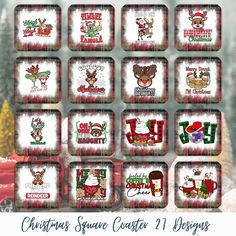 twelve christmas square coasters with santa claus