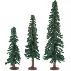 three small pine trees are shown on a white background