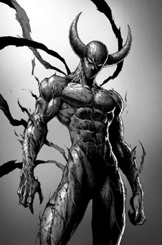 a black and white drawing of a demon standing in front of some trees with long, spiky branches