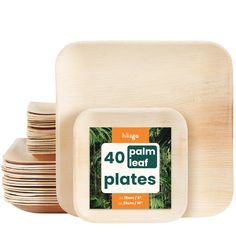 wooden plates stacked on top of each other with the words 40 palm leaf plates printed on them