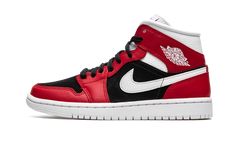 The Women’s Air Jordan 1 Mid “Gym Red/Black” is Michael Jordan’s first signature shoe in a Chicago-Bulls-centric colorway designed for women. A 2020 release, the “Gym Red/Black” Jordan 1 Mid continues the model’s association with “The GOAT’s” former ball club by featuring its team uniform colors in its design. Eye-catching Gym Red leather overlays can be found on the forefoot, toe cap, eyelets, collar, and heel. A black felt material is located on the perforated toe and mid-panel. Classic brandi Womens Air Jordan 1, Logo Wings, Womens Air Jordan, Nike X Travis Scott, Low Air Jordan 1, Jordan Model, Black Jordans, Womens Air Jordans, Jordan 2