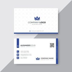 a business card with a blue and white logo on the front, and an image of a