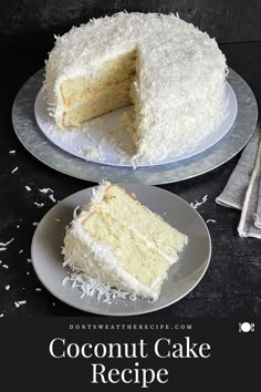 a coconut cake is cut in half on two plates