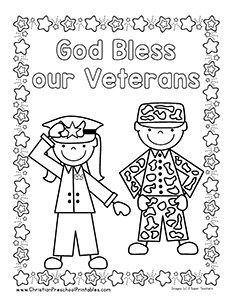 a coloring page with the words god bless our veterans and two children in patriotic clothing