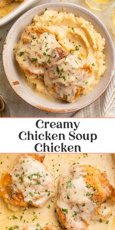 creamy chicken soup with mashed potatoes and gravy