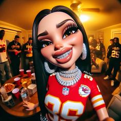 a cartoon doll wearing a football uniform and some people in the background with cups on their laps