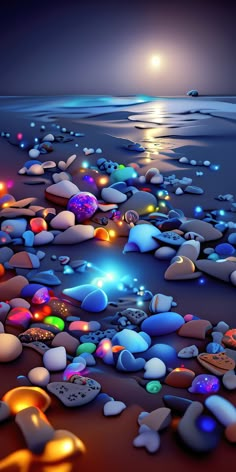 the beach is full of rocks and lights at night time, as if it were floating in the ocean