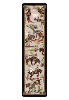 a long rug with horses on it and other animals in the background, along with an embroidered border