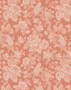 an orange floral wallpaper with white flowers and birds on the top, in shades of pink