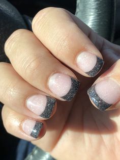 Grey Sparkle French Tip Nails, Gel Nail Designs Ombre French Tips Silver Glitter, Sparkle French Nails, French Tip With Silver Glitter Line, Gray With Silver Glitter Nails, Black And Gray Sparkle Nails, Rock Makeup