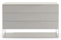 a white dresser with two drawers and chrome legs