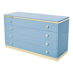 a blue dresser with gold trim on the top and bottom drawers, against a white background