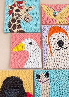 four square paintings with different animals painted on them and beaded together in the shape of squares