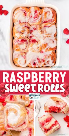 raspberry sweet rolls with icing and strawberries on the side in a white dish