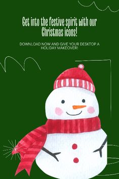 a christmas card with a snowman wearing a red hat and scarf