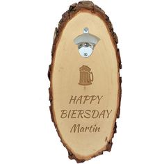 a wooden sign with the words happy beersday martin on it and a beer mug