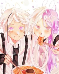 two anime characters are eating some food with chopsticks in front of their faces