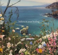 the words believe in your health are surrounded by wildflowers and other colorful flowers