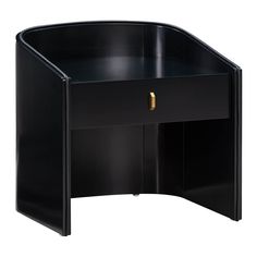 a black corner desk with an open drawer on the bottom and gold hardware at the top