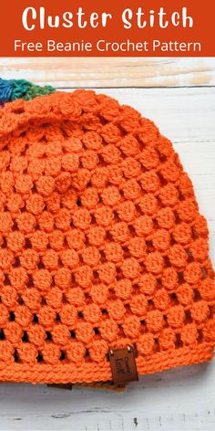 an orange crocheted hat with the text, free beanie crochet pattern