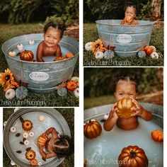 a collage of photos shows a baby in a tub with pumpkins