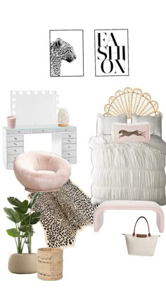 a bedroom with leopard print and pink accents, including a bed, desk, chair, mirror