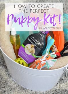 How to Create the Perfect Puppy Kit! Puppy Pack Ideas, Puppy Kit From Breeder, Breeder Puppy Packs For New Owners, New Dog Gift Basket, New Puppy Gift Baskets, New Puppy Gift Basket Ideas, Puppy Welcome Home Basket, Puppy Bags For New Owners, New Puppy Gift Ideas