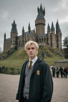 a man standing in front of a castle with a hogwarts house on it