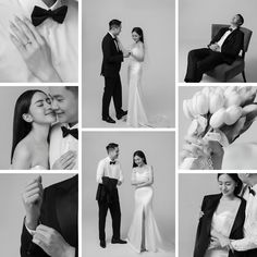 black and white photo collage of bride and groom with tuxedo holding bouquet