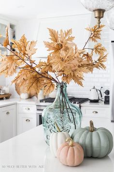 a vase filled with lots of leaves sitting on top of a counter next to a pumpkin