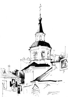 a black and white drawing of a building