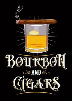 bourbon and cigars logo on black background with an illustration of a glass of whiskey